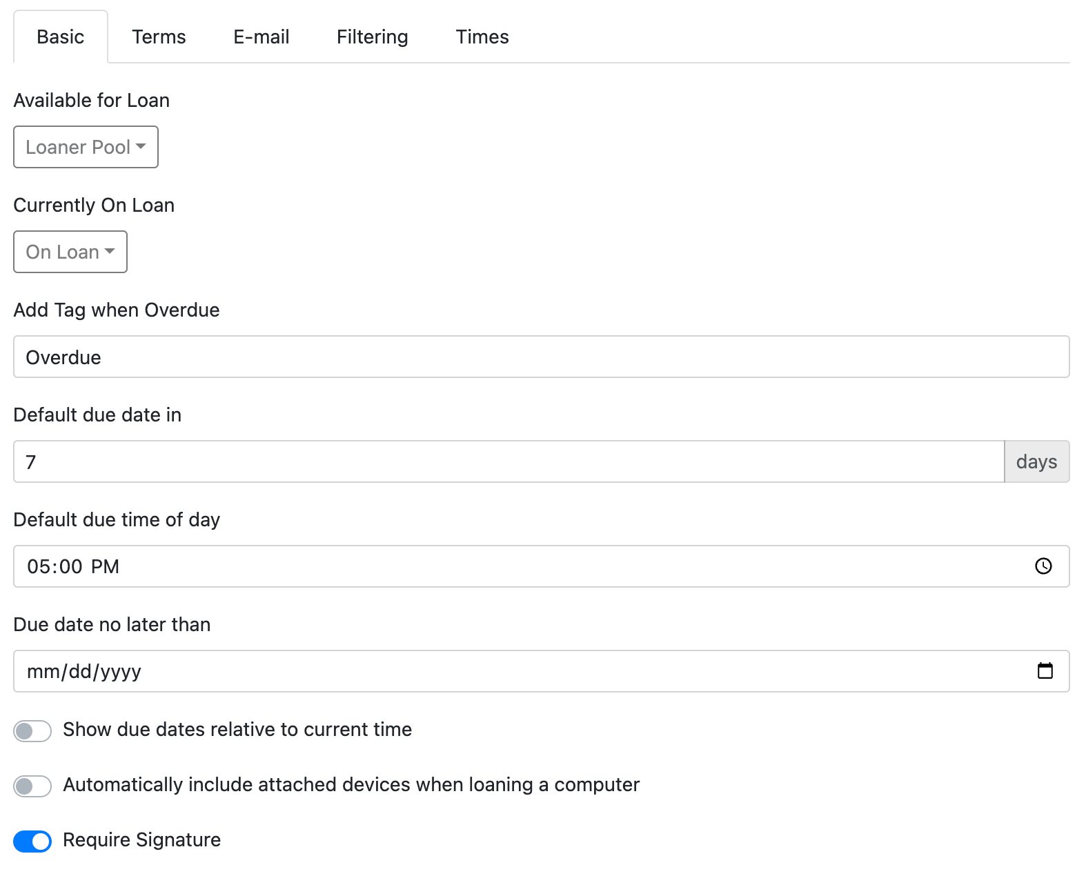 Loaner Checkout Configuration