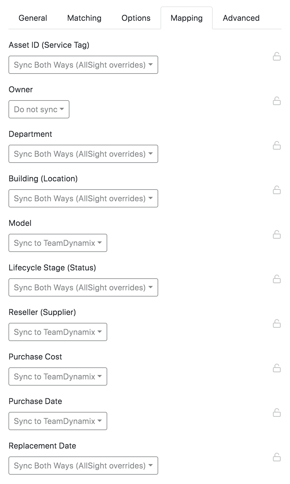 TD Script Mapping settings