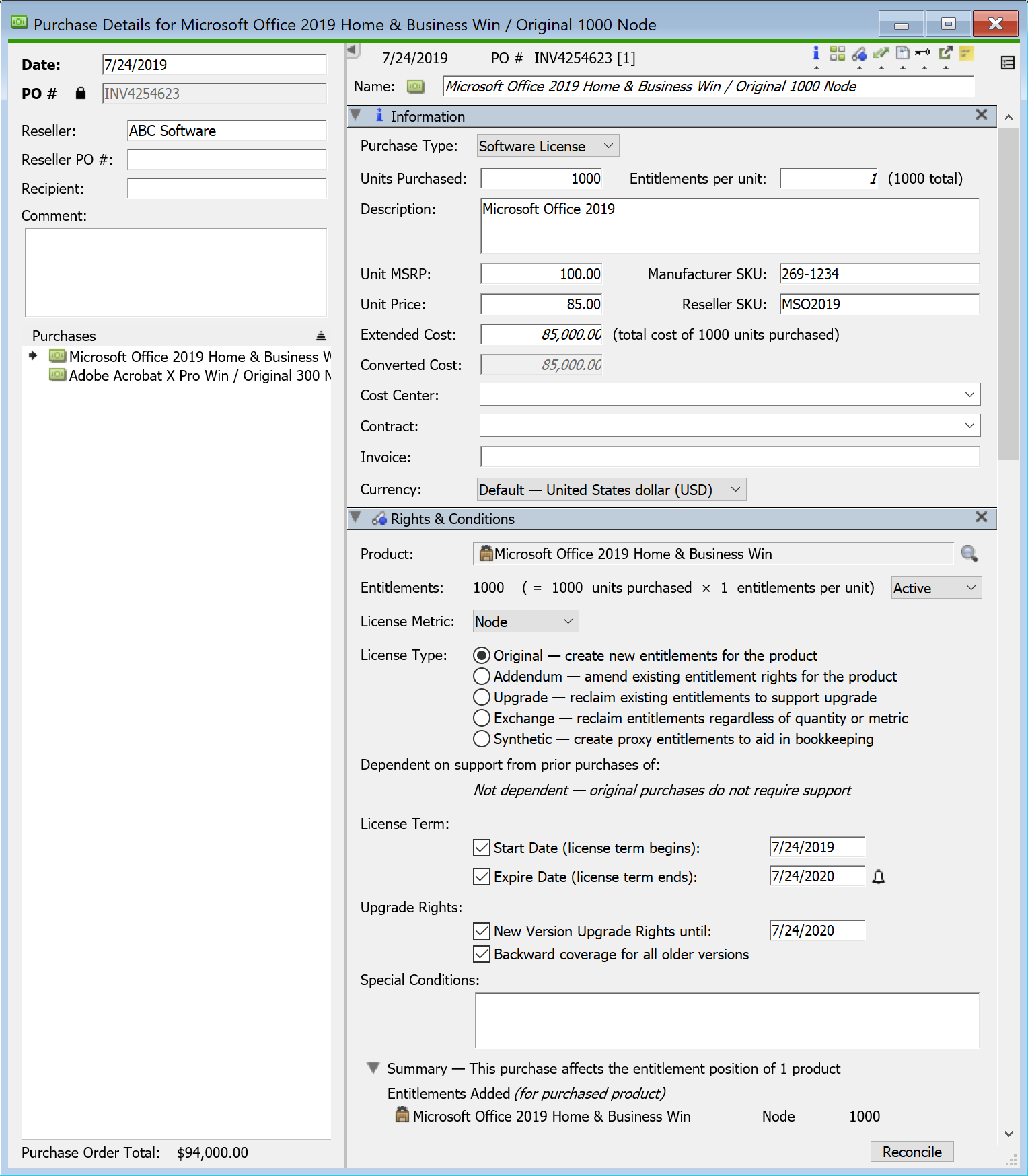 Purchase Details Window