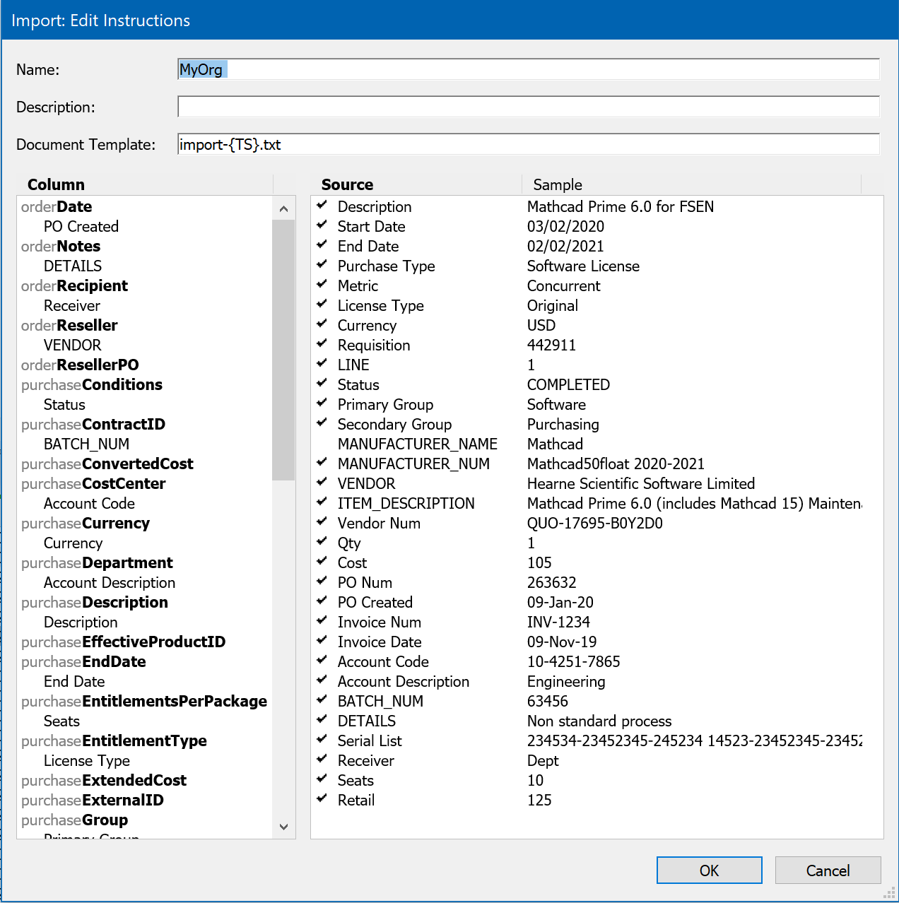 Purchase Import Instruction Mapping