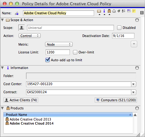 A Policy in K2 configured to manage Creative Cloud